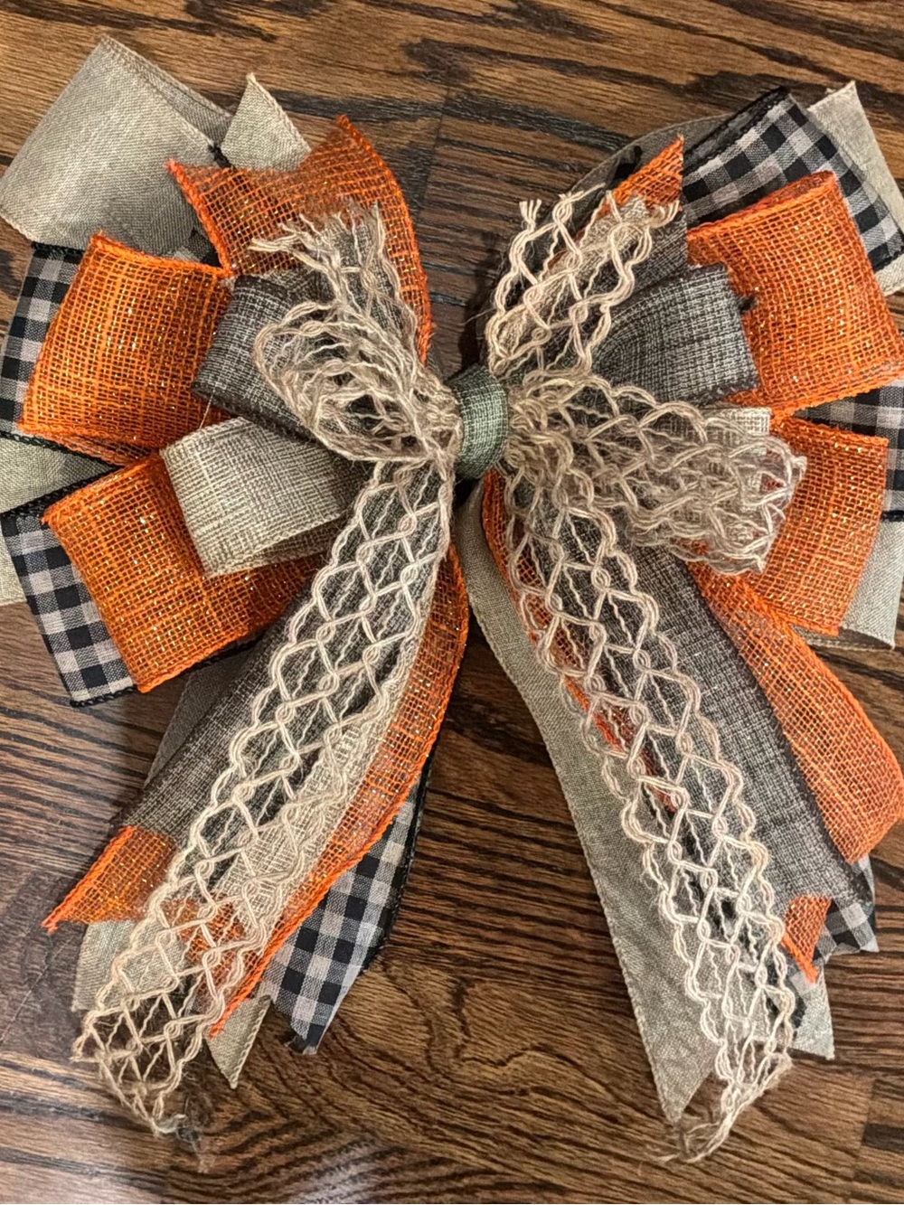 Hand-Tied Burlap Holiday Bow in Orange, Black & Gray